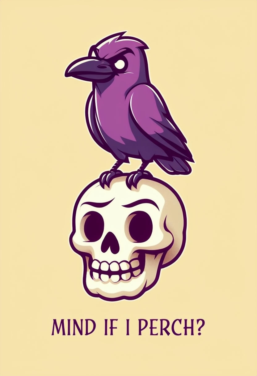 Whimsical Cartoon Crow and Skull Illustration with Humor Poster