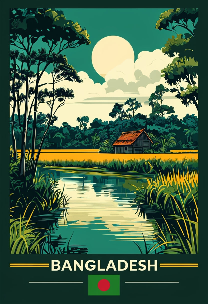 Tranquil Vintage Landscape of Bangladesh with River and Fields Poster