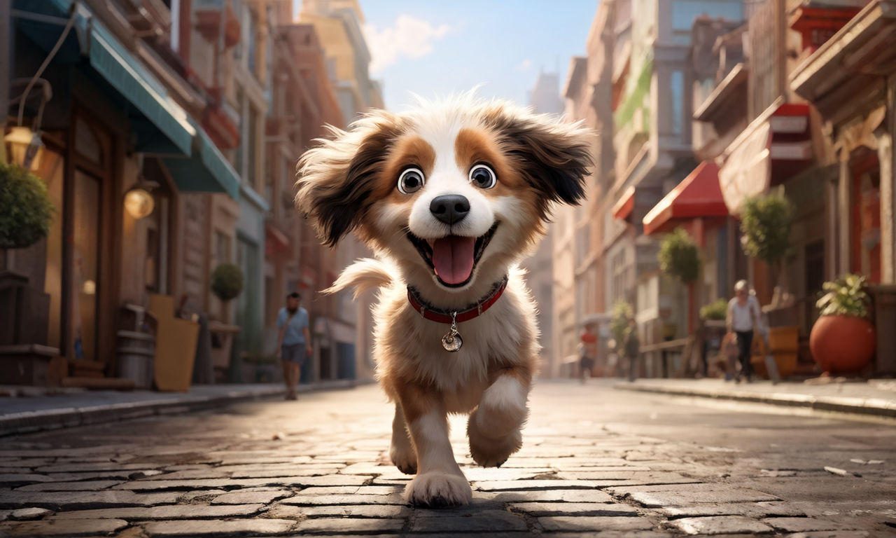 create a pixar style movie poster with a shihtzu dog running towards the  camera with a happy face