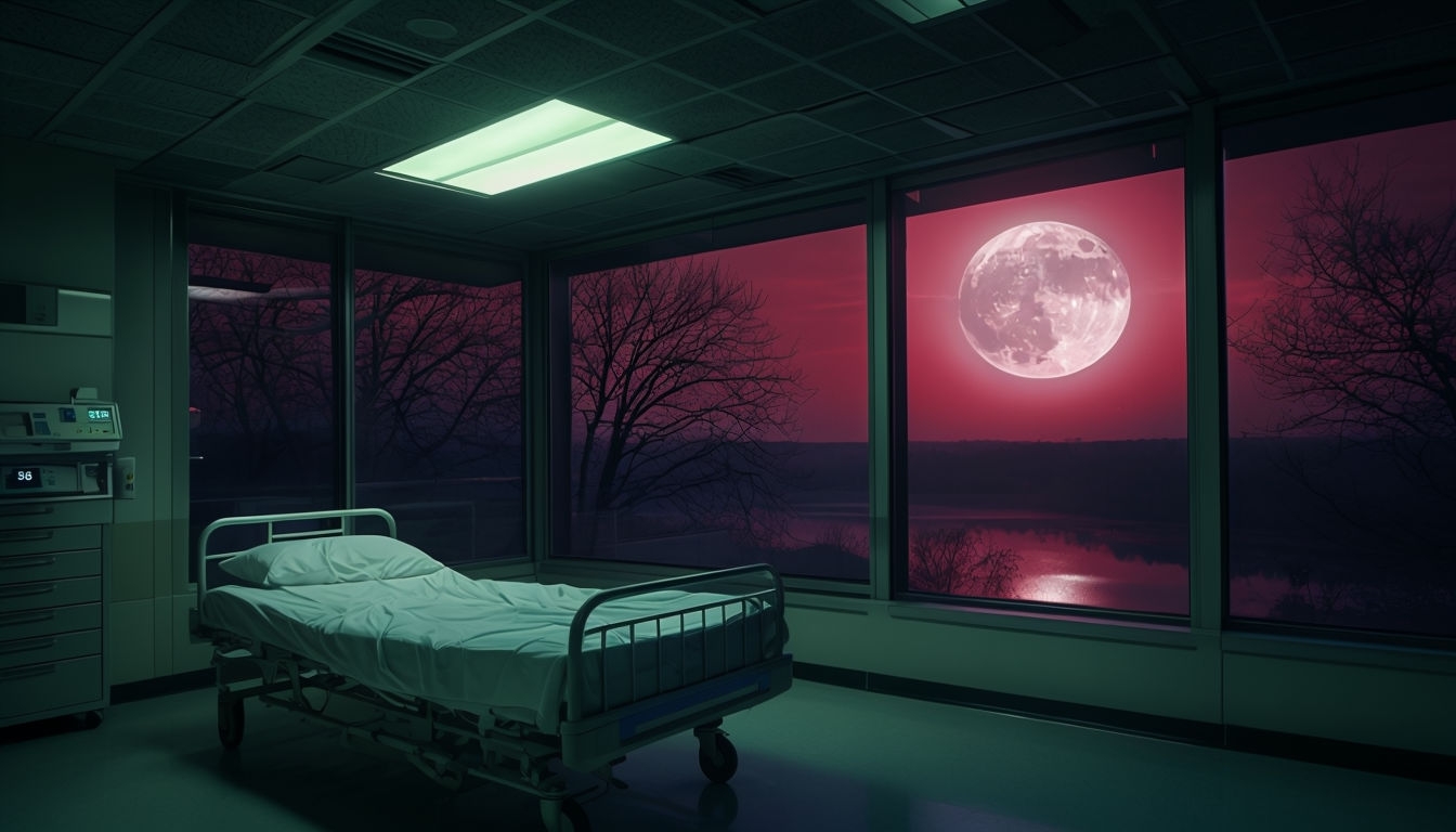 Eerie Hospital Room with Crimson Sky and Full Moon Virtual Background
