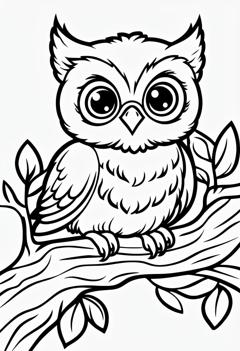 Adorable Cartoon Owl on Tree Branch Line Art for Coloring Book Pages