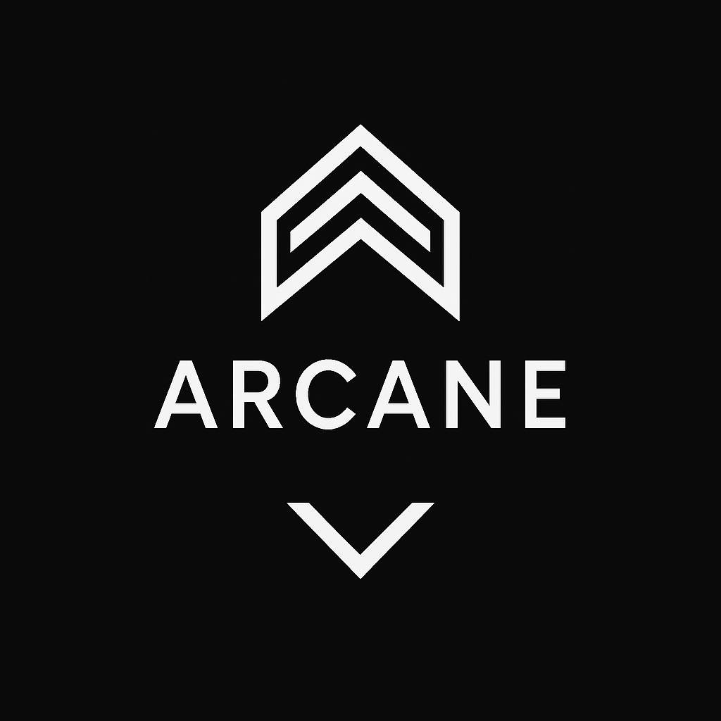 Minimalist Bold White ARCANE Logo on Black Background Logo