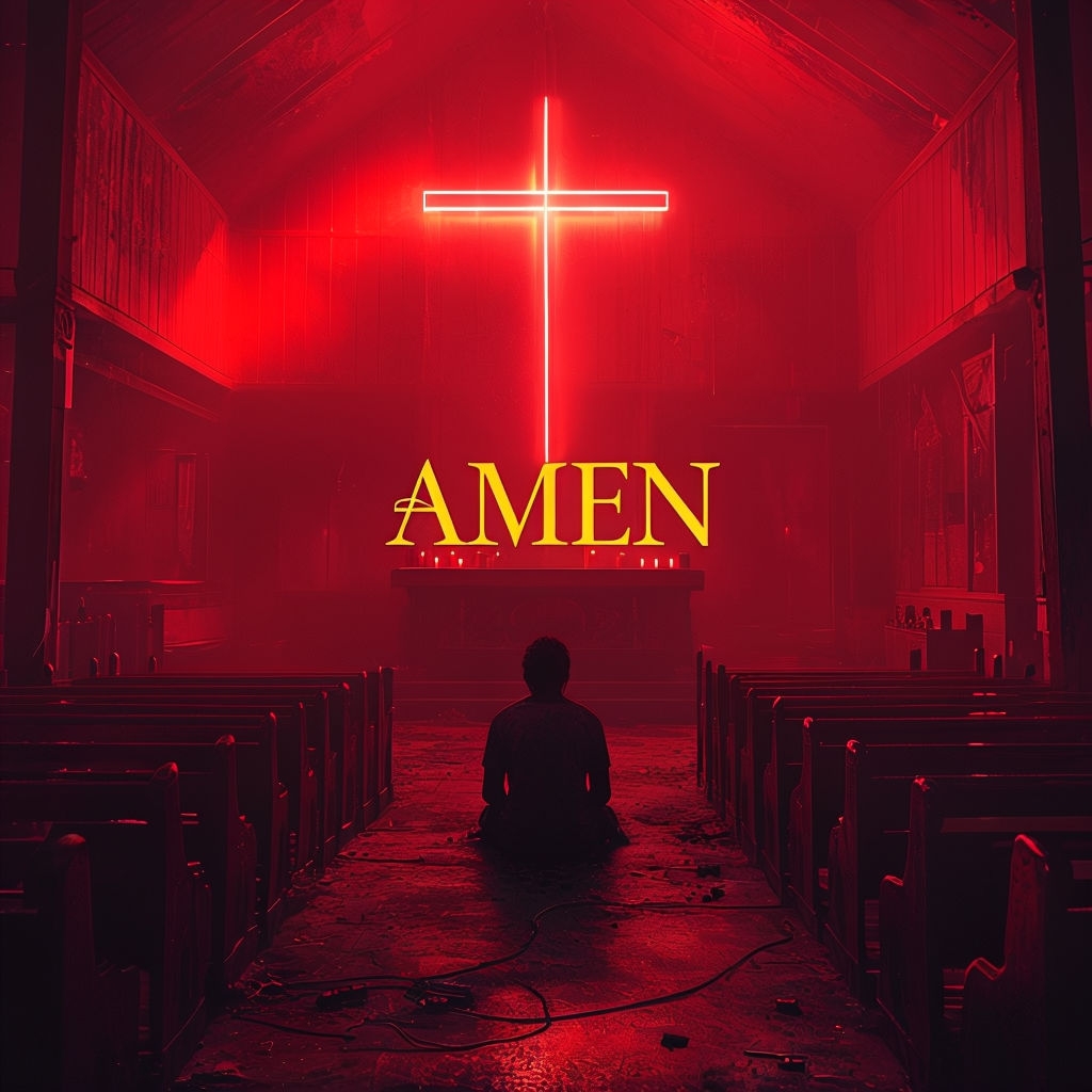 Eerie 'AMEN' Album Cover Design with Neon Cross and Church Atmosphere Spotify Album Cover