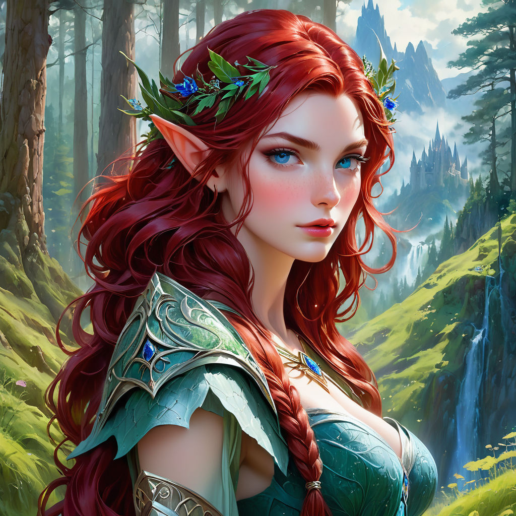 A Deep Ruby Red Haired Elven Princess With Auburn Streaks In By