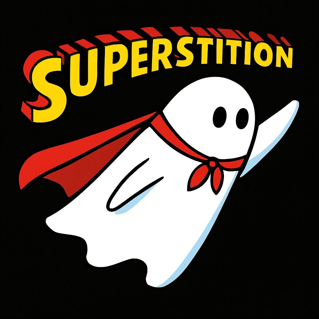 Playful Superhero Ghost with Superstition Text T-Shirt