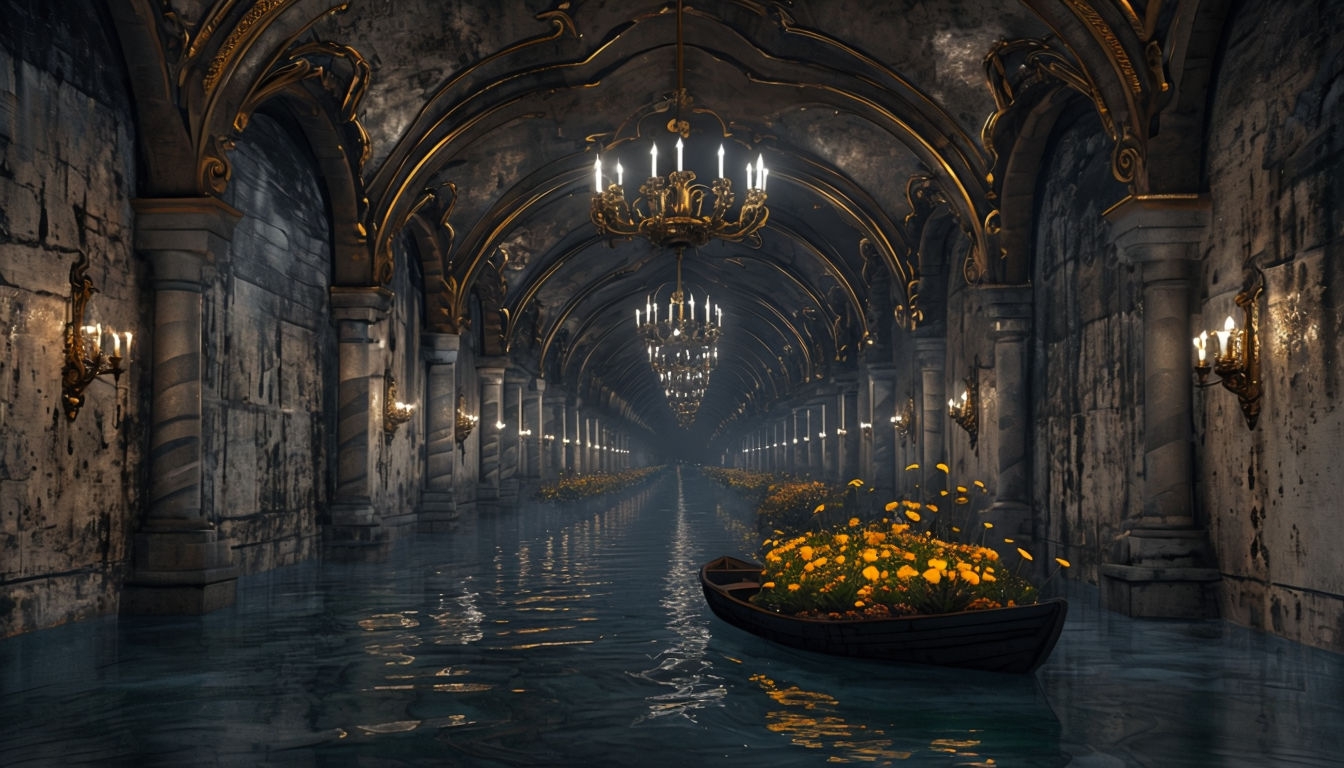 Eerie Tunnel with Golden Arches and Glowing Flowers Background