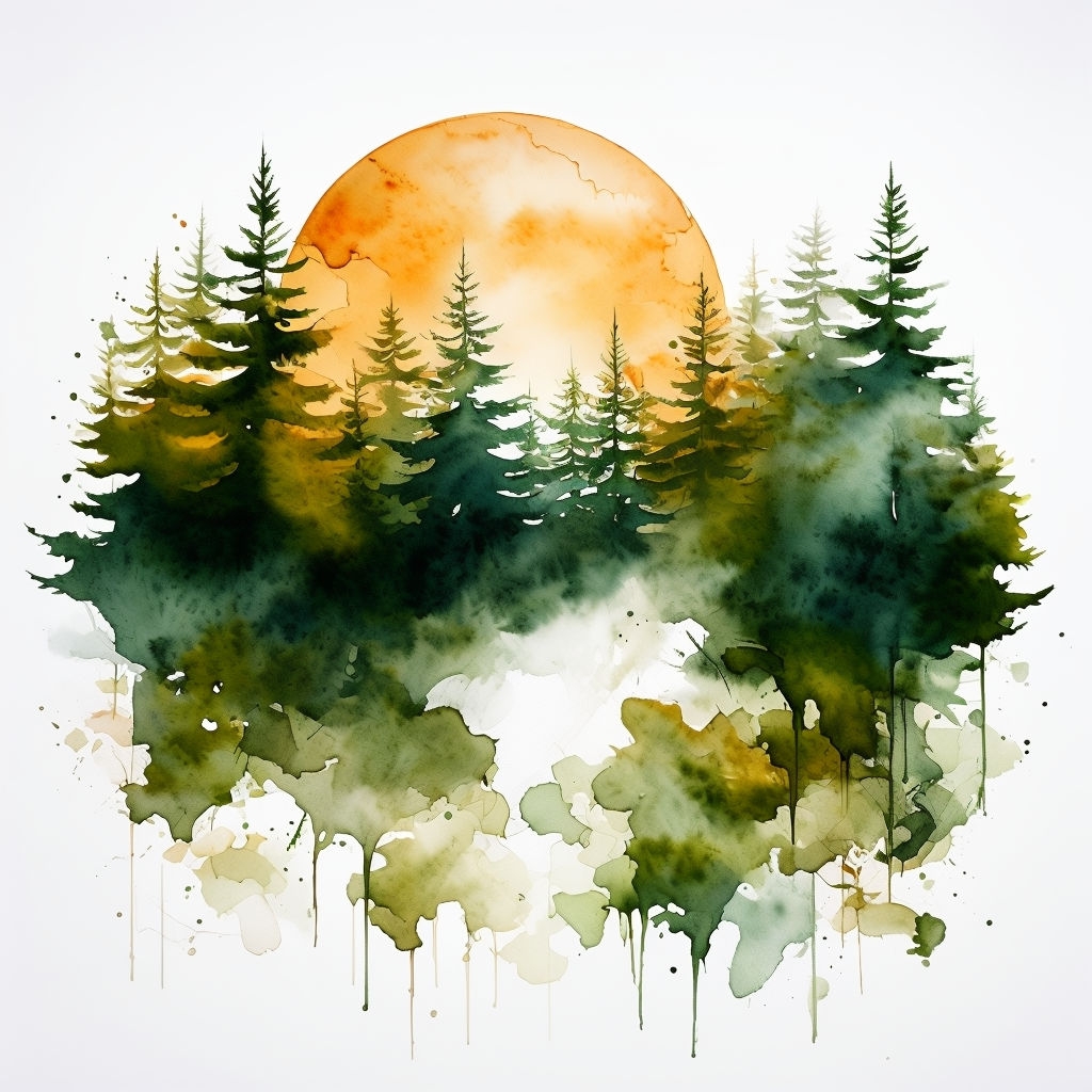 Serene Watercolor Forest Scene with Amber Sun Mug