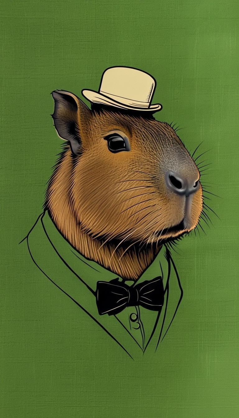 Dapper Capybara Illustration in Forest Green Background Mobile Wallpaper