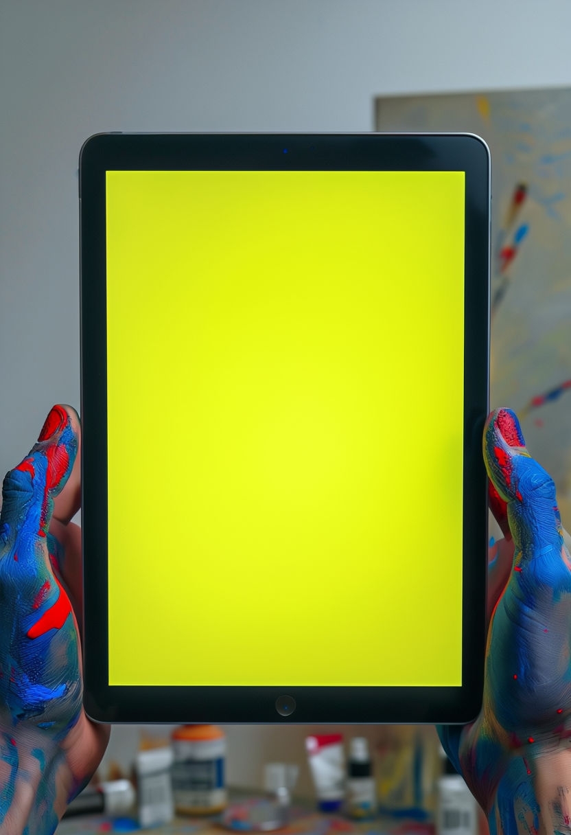 Vibrant Yellow Blank Tablet Device with Paint-Stained Hands Mockup