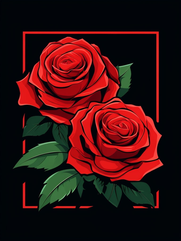 Bold Red Roses Illustration with Green Leaves on Black Background Art