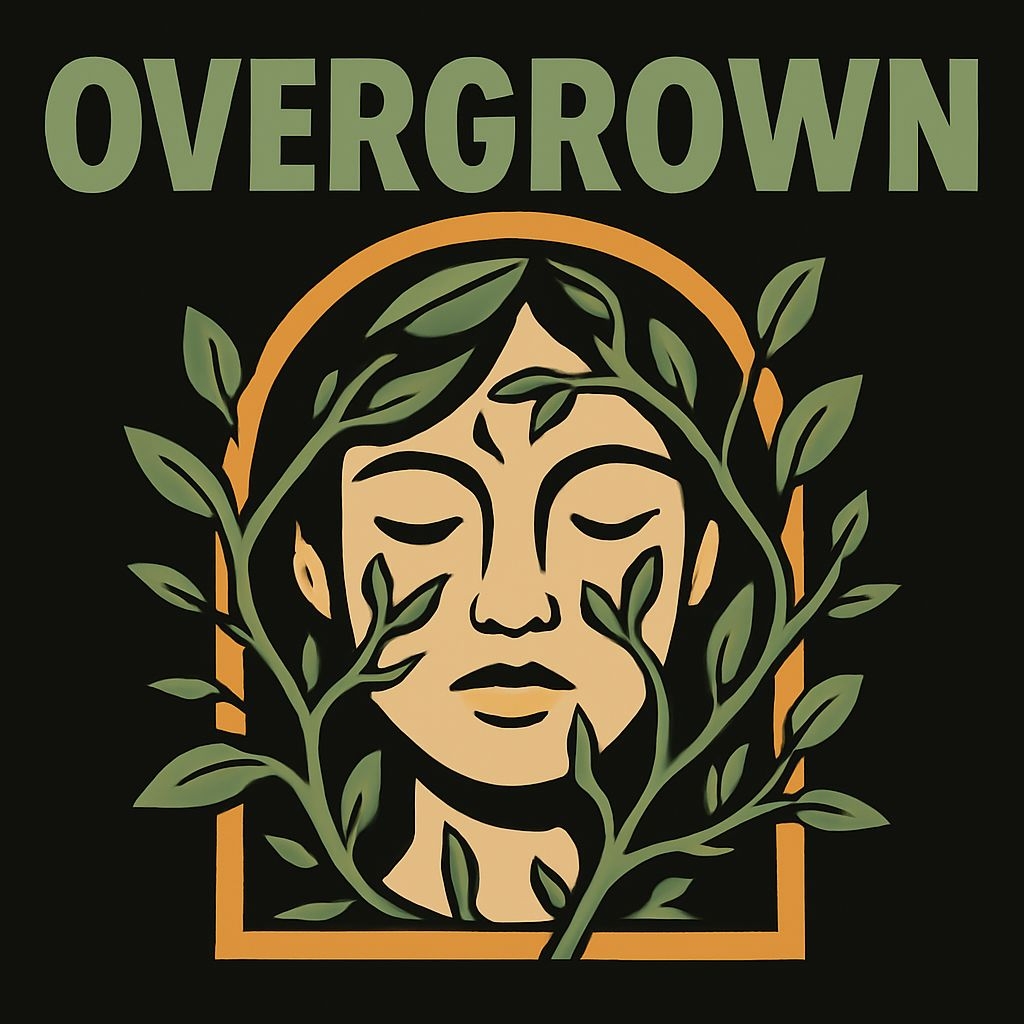 Serene Overgrown Female Face Illustration with Olive Leaves Spotify Album Cover