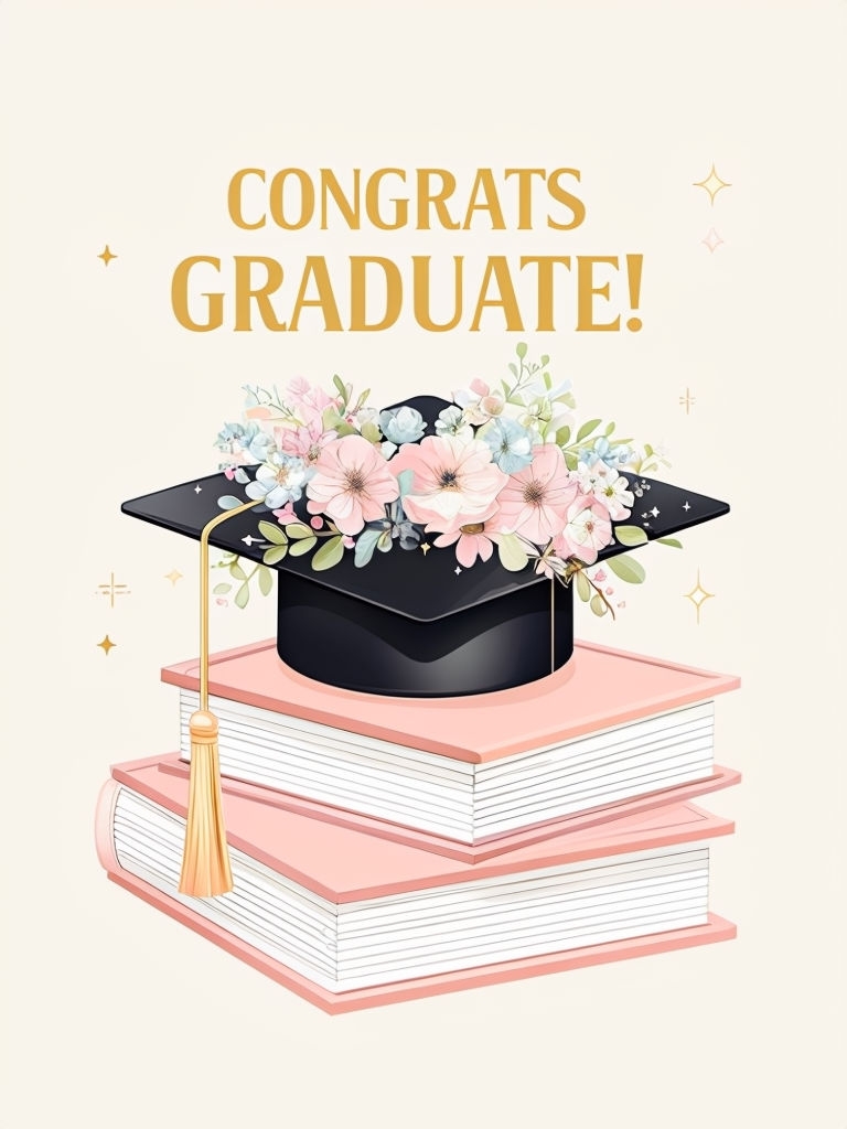 Charming Graduation Congrats Card with Floral Cap Illustration Cards & Invites