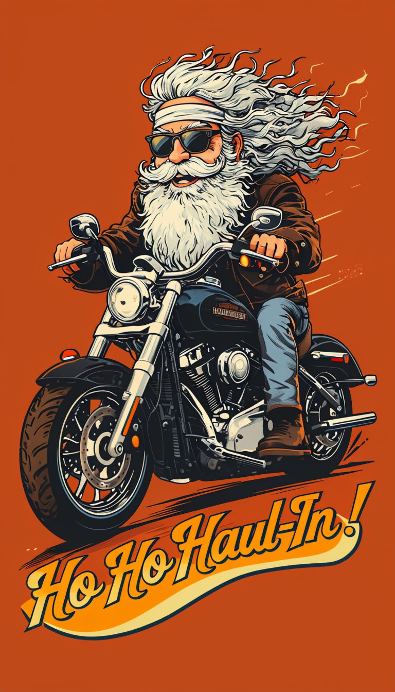 Santa Claus on Harley Davidson with Ho Ho Haul-In Cartoon Art Poster