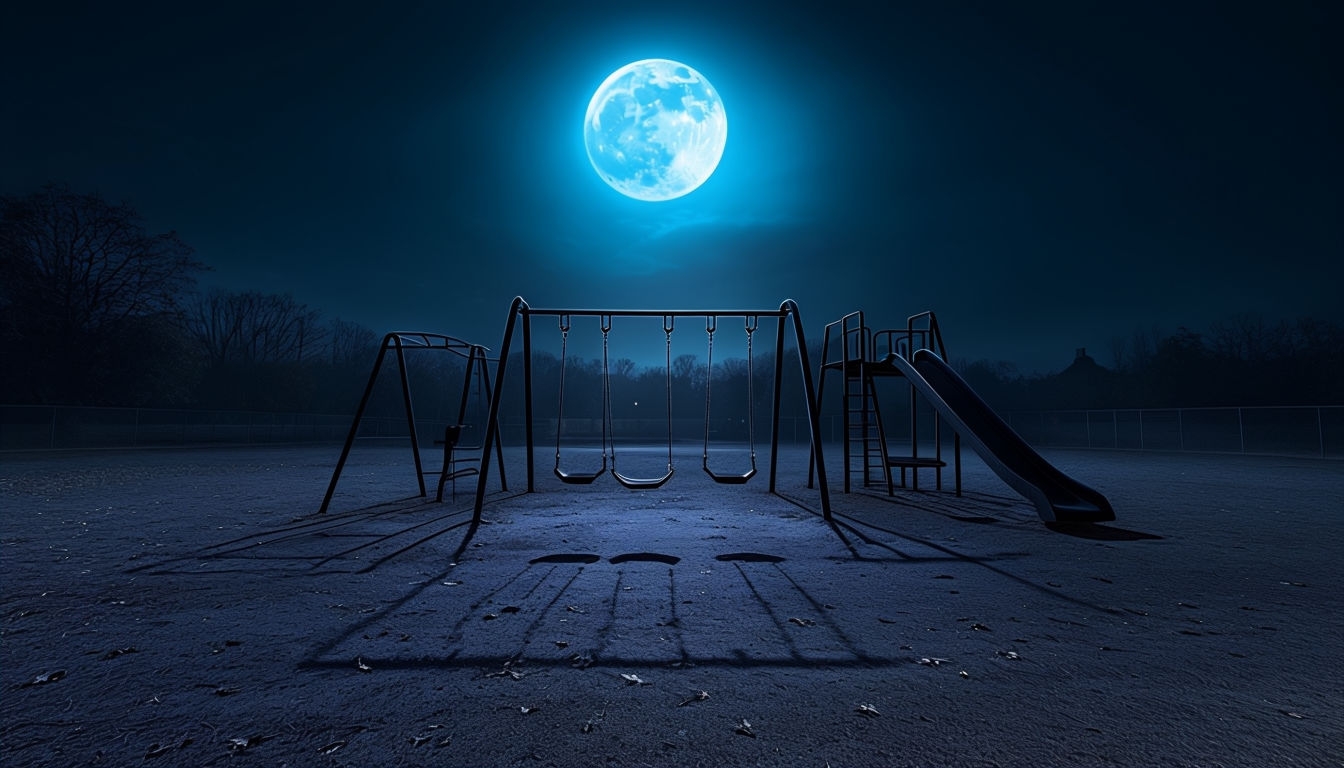 Eerie Night Playground Virtual Background with Blue Moon Lighting