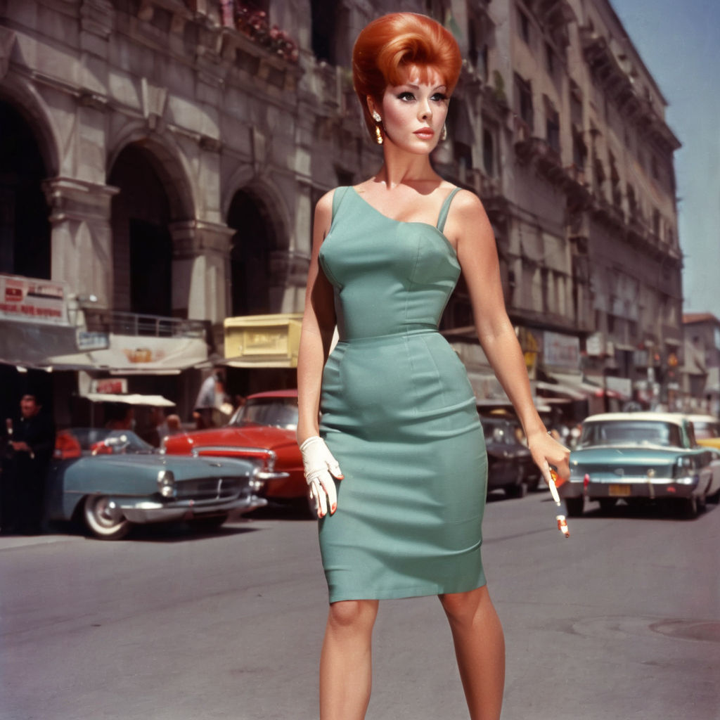 1960s era full color full body side view looking at camera stiletto high  heels Jill St. John nude with updo beehive red hair