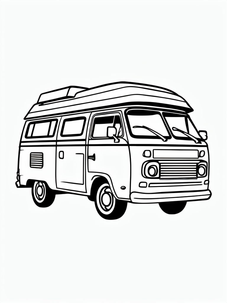 Vintage Camper Van High-Contrast Coloring Page Illustration