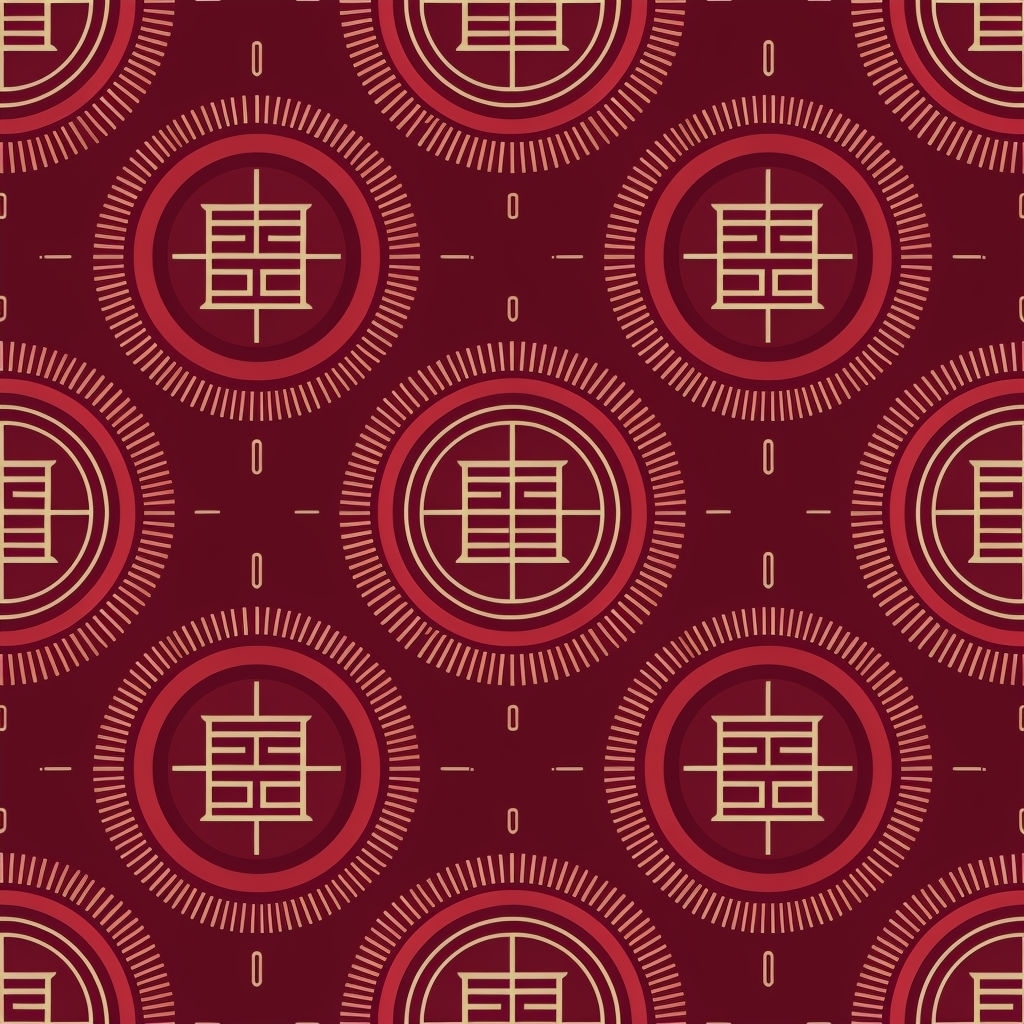 Traditional Chinese Motifs Seamless Pattern on Deep Maroon Background