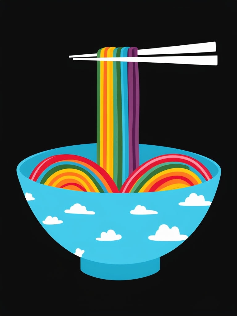 Whimsical Sky Blue Bowl with Colorful Rainbow Noodles Art