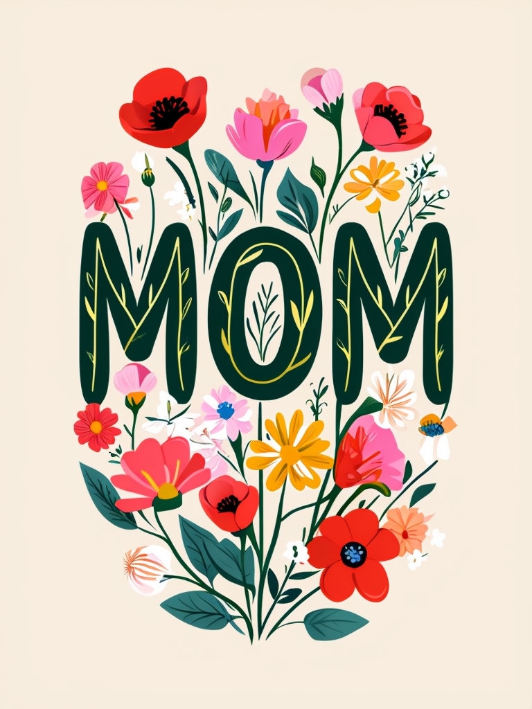 Vibrant Floral 'MOM' Illustration for Mother's Day Card Design