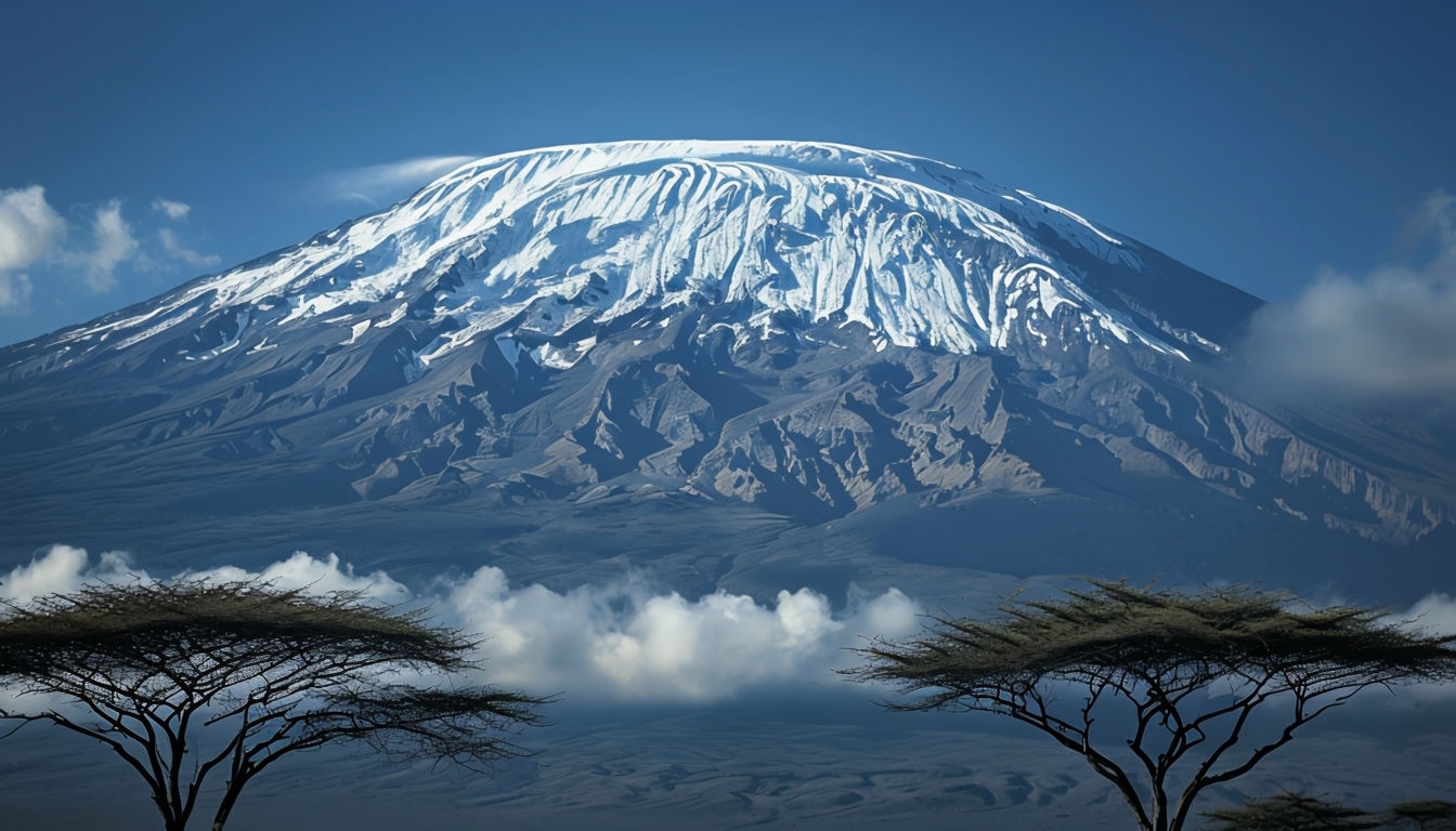 Majestic Mount Kilimanjaro Landscape with Acacia Trees Background