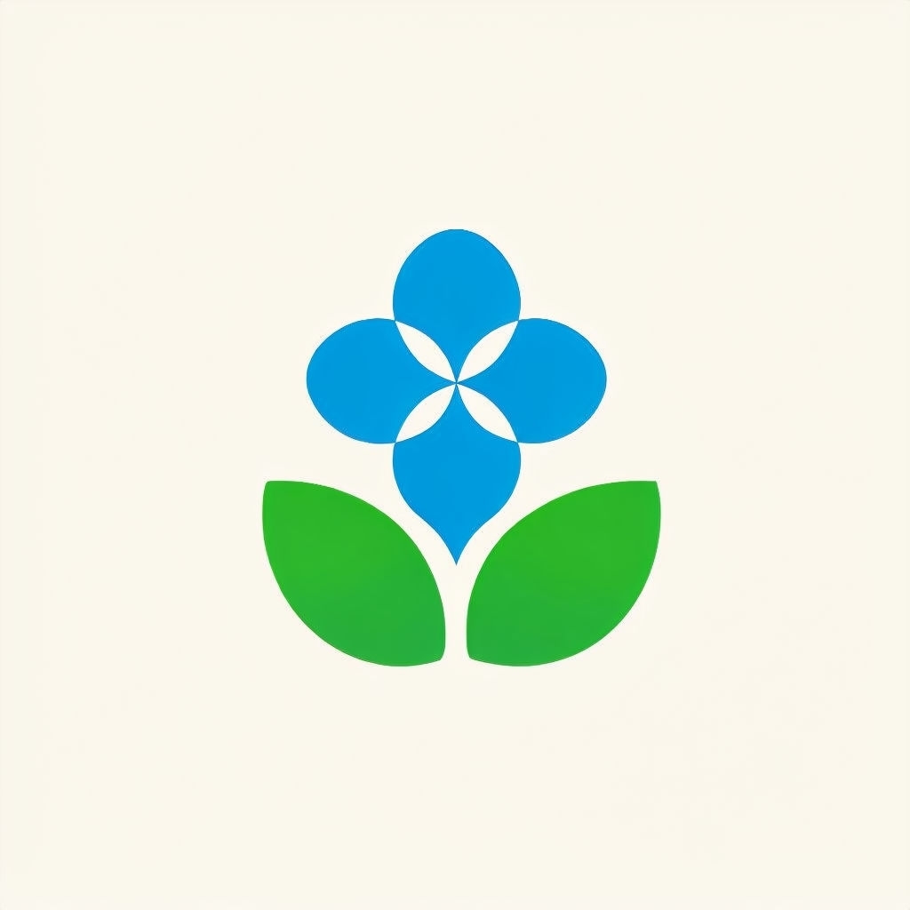 Minimalist Blue Flower and Green Leaves Logo Design