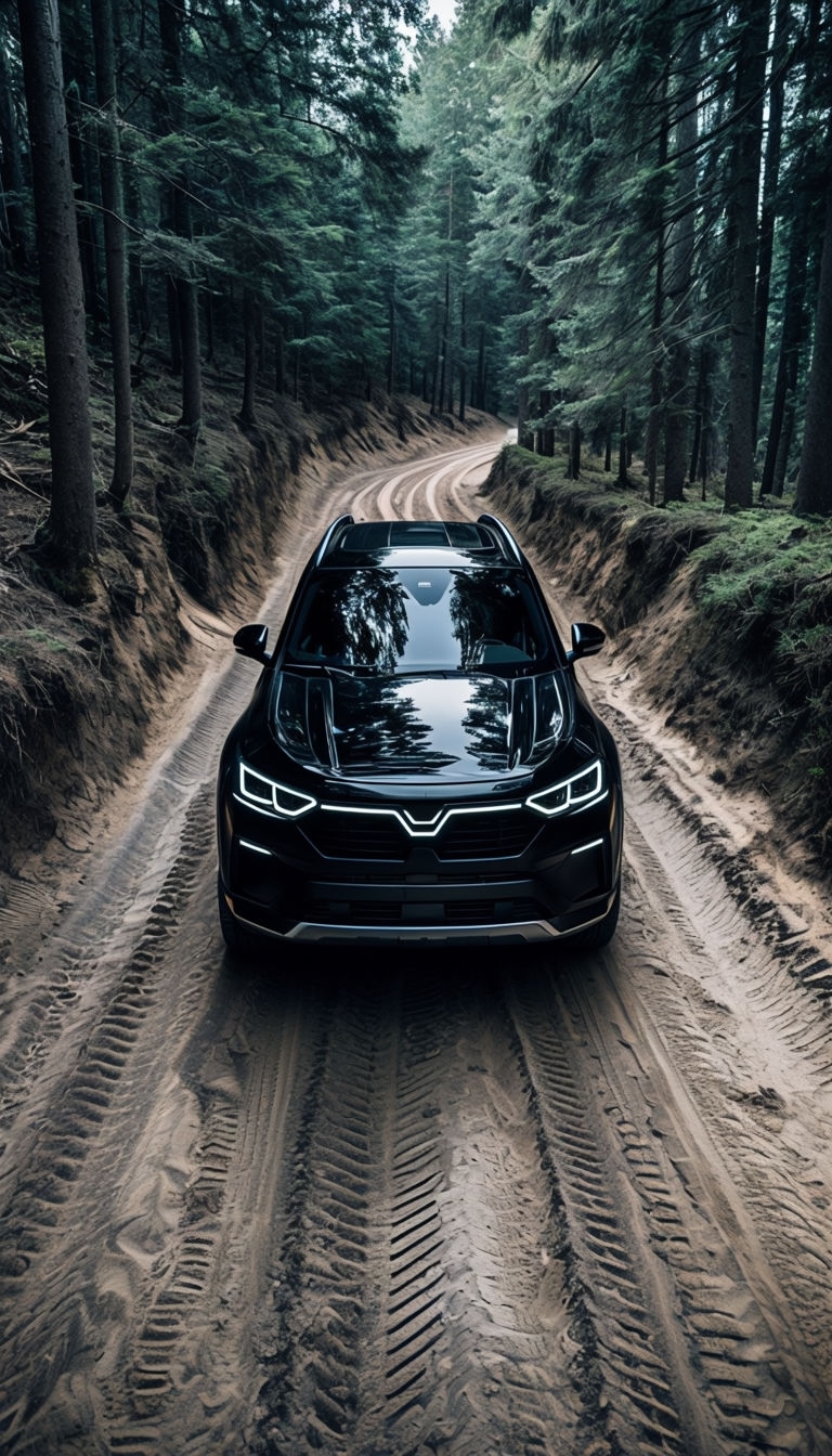 Sleek Black SUV on Sandy Forest Road Adventure Mobile Wallpaper