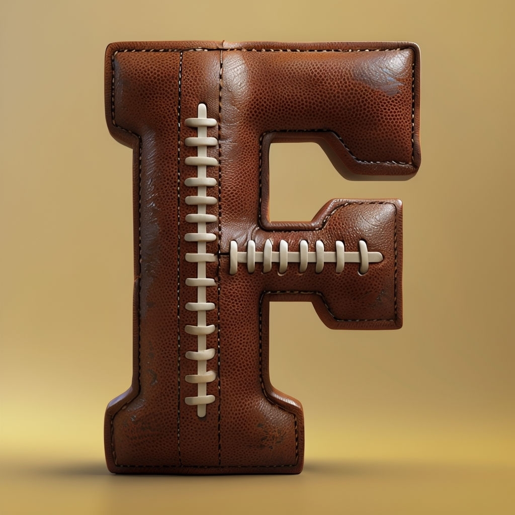 3D Realistic Letter F in American Football Leather Design Monogram