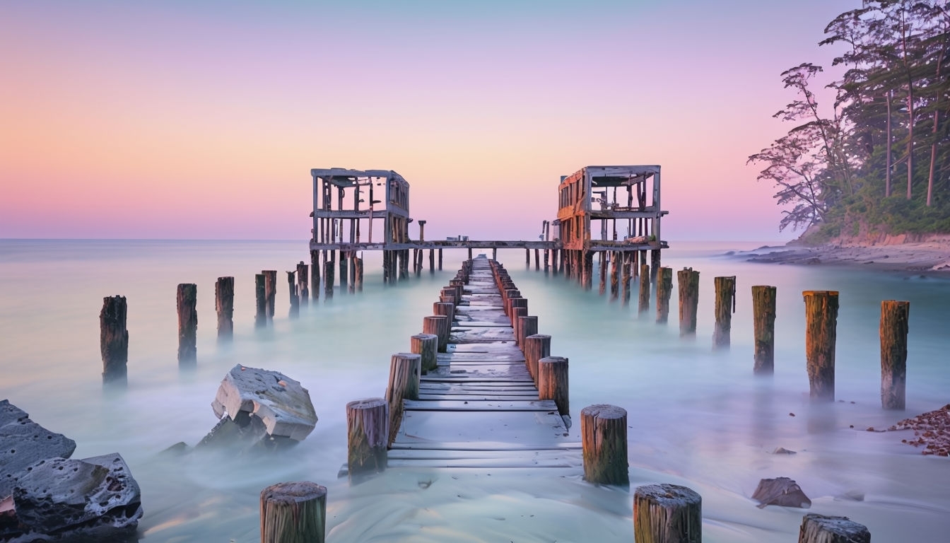 Serene Coastal Wooden Pier Photography Virtual Background