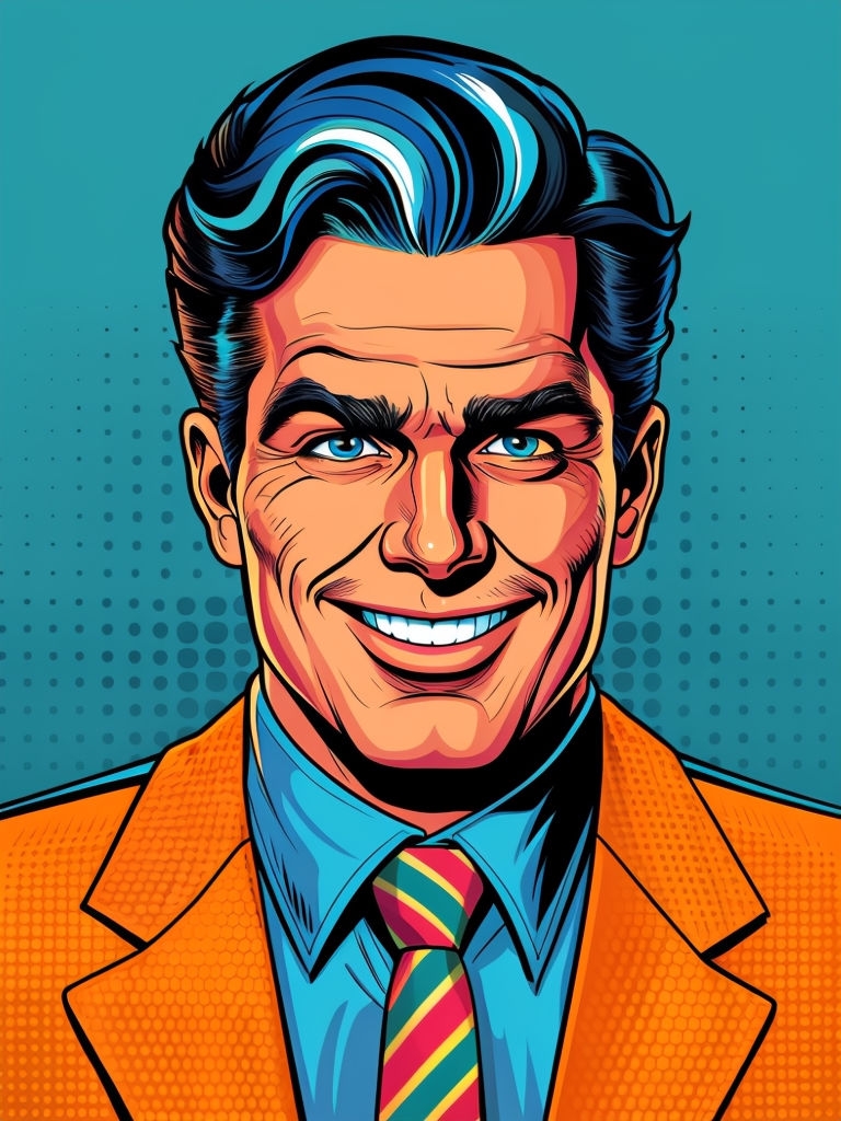 Vibrant Comic Book Illustration of a Cheerful Man in Suit Art