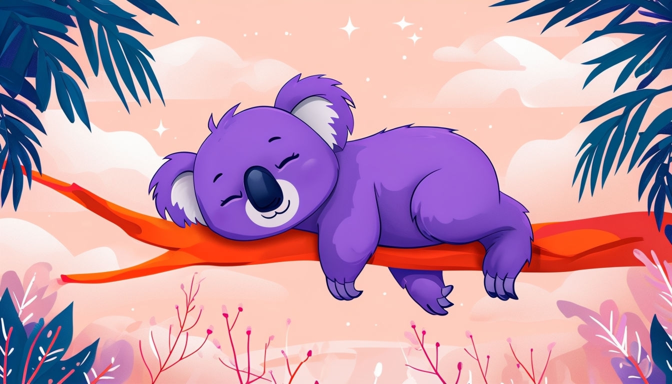 Relaxed Purple Koala Cartoon Illustration with Dreamy Background Virtual Backgrounds