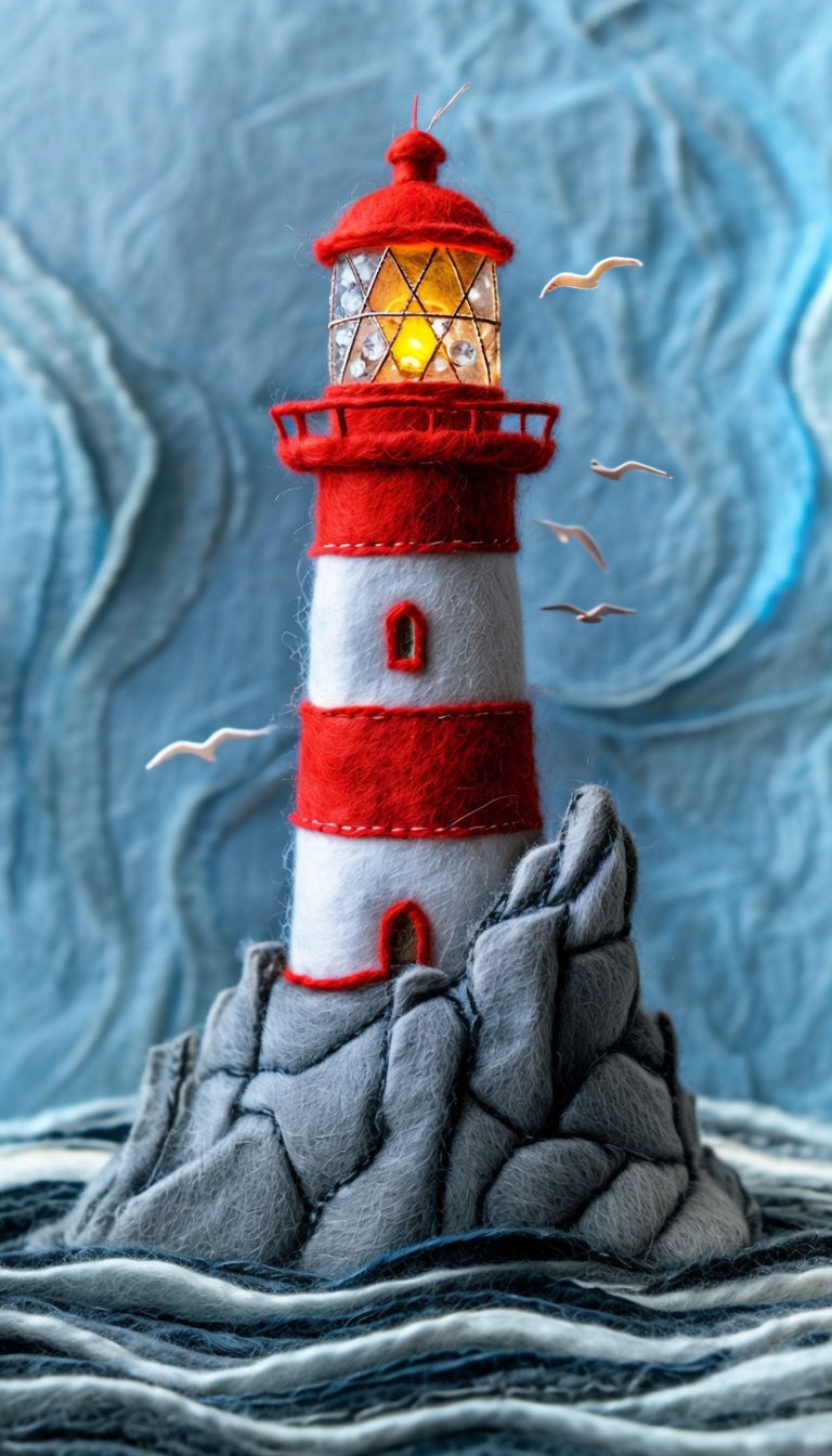 Whimsical Felt Lighthouse Diorama Craft Art Illustration