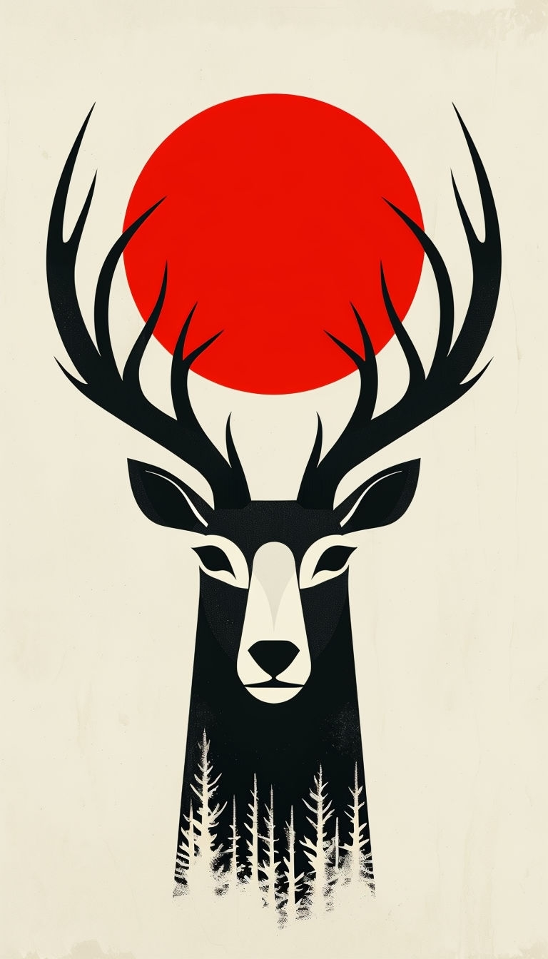 Stylized Black and White Deer Head Minimalist Illustration Mobile Wallpaper