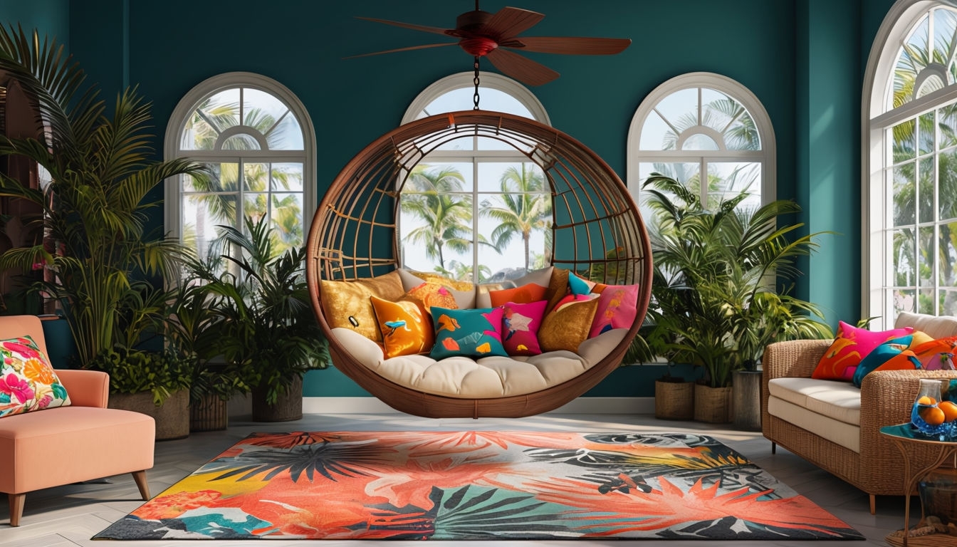 Tropical Indoor Space with Suspended Chair and Lush Greenery Art