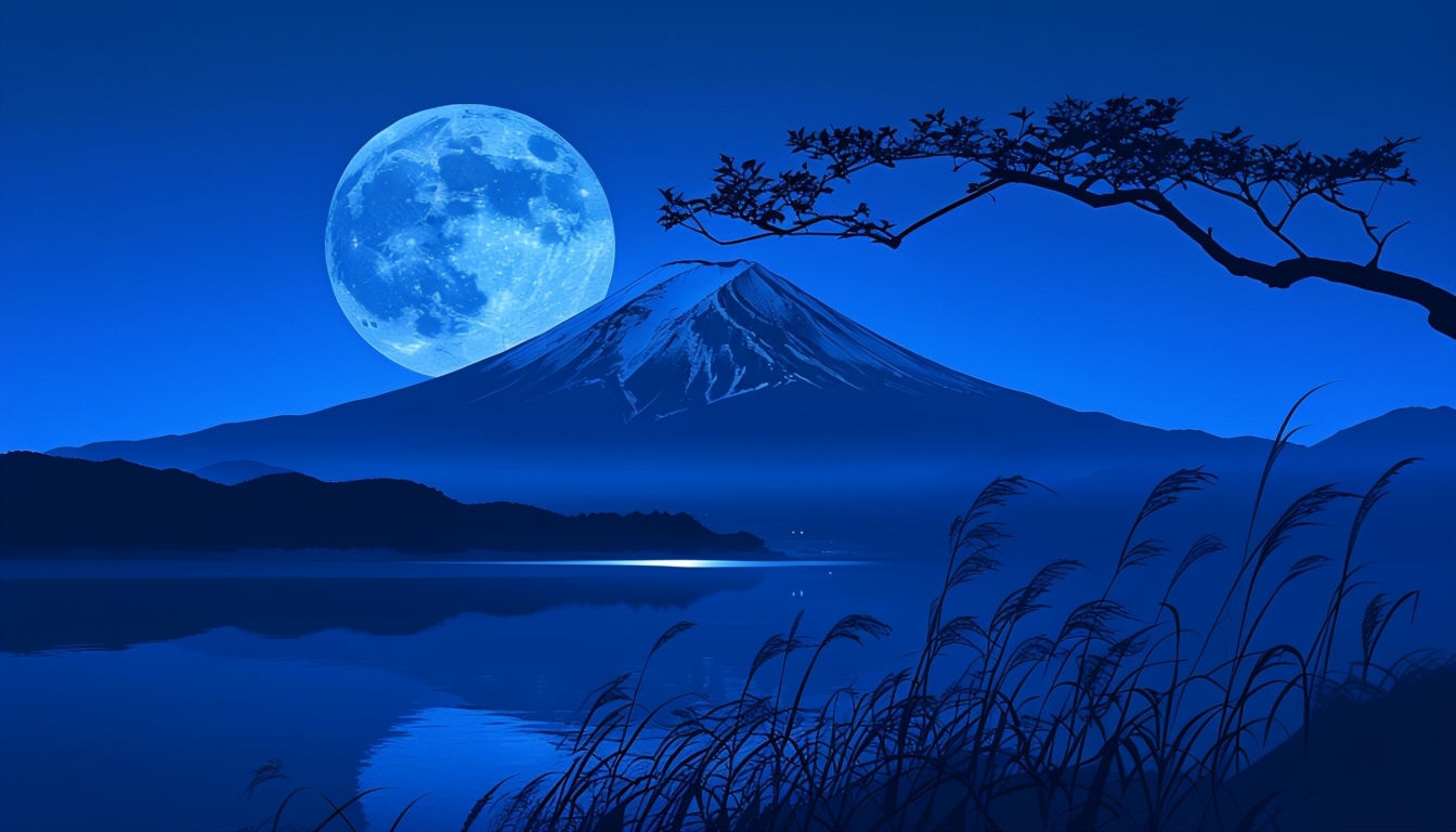 Tranquil Night Scene with Mount Fuji and Full Moon Virtual Background
