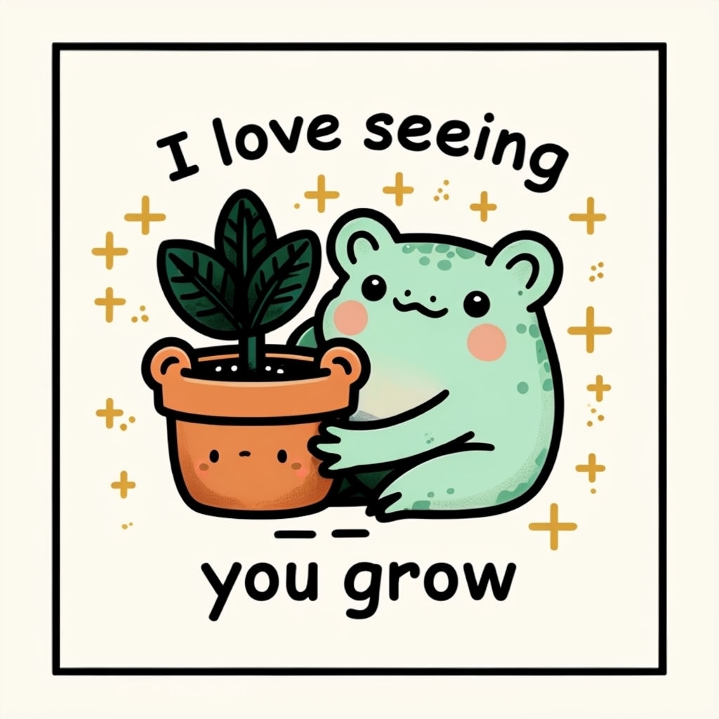 Whimsical Frog Hugging Pot with Plant Cartoon Illustration Sticker