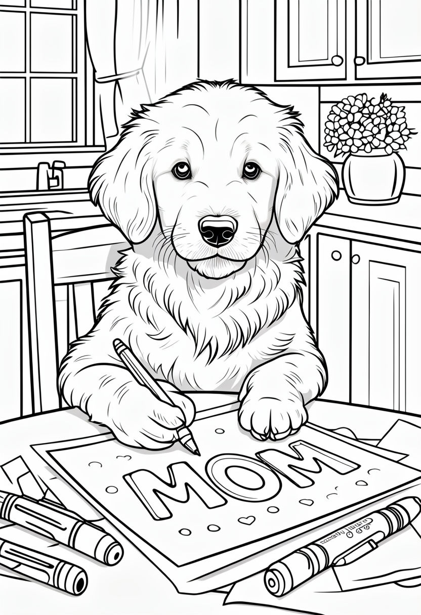 Adorable Goldendoodle Coloring Page for Mother's Day Card