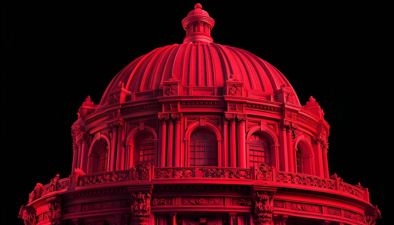 Crimson Neon Architectural Dome with Intricate Design Background