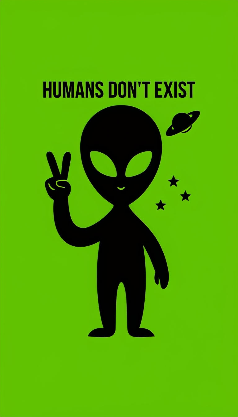 Playful Alien Silhouette with 'Humans Don't Exist' Text Mobile Wallpaper