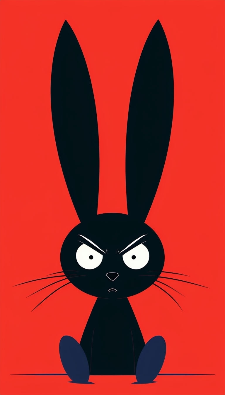 Minimalist Black Bunny Character Illustration on Red Background Art