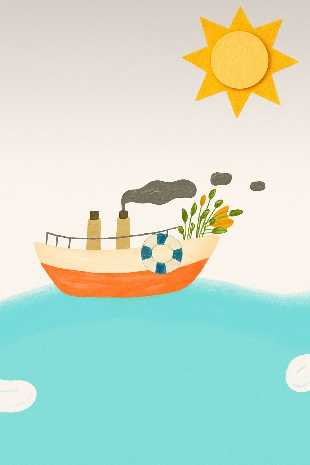 Cheerful Cartoon Boat on Tranquil Water Mobile Wallpaper