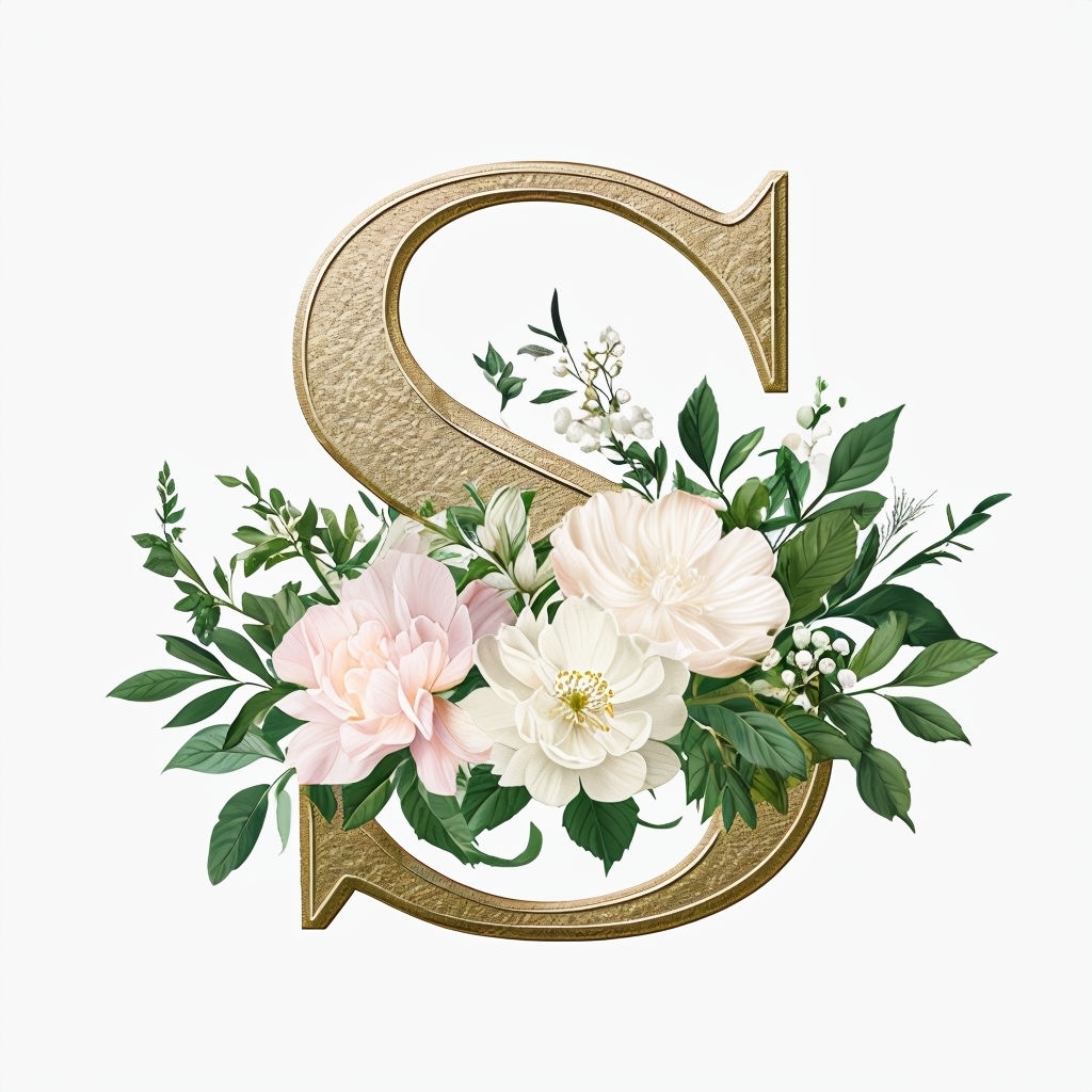 Elegant Gold 'S' Letter with Floral Arrangement Illustration Monogram