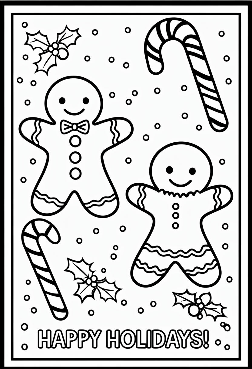 Cheerful Gingerbread Men Holiday Coloring Book Page