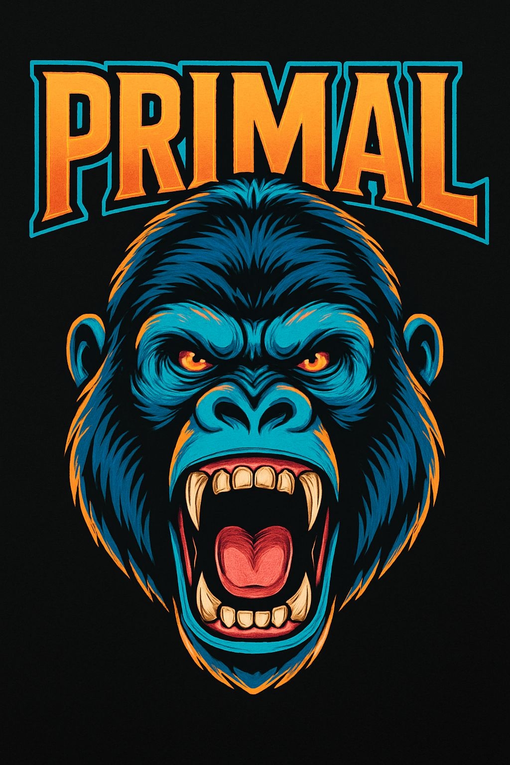 Fierce Electric Blue Gorilla Head with Primal Text T-shirt