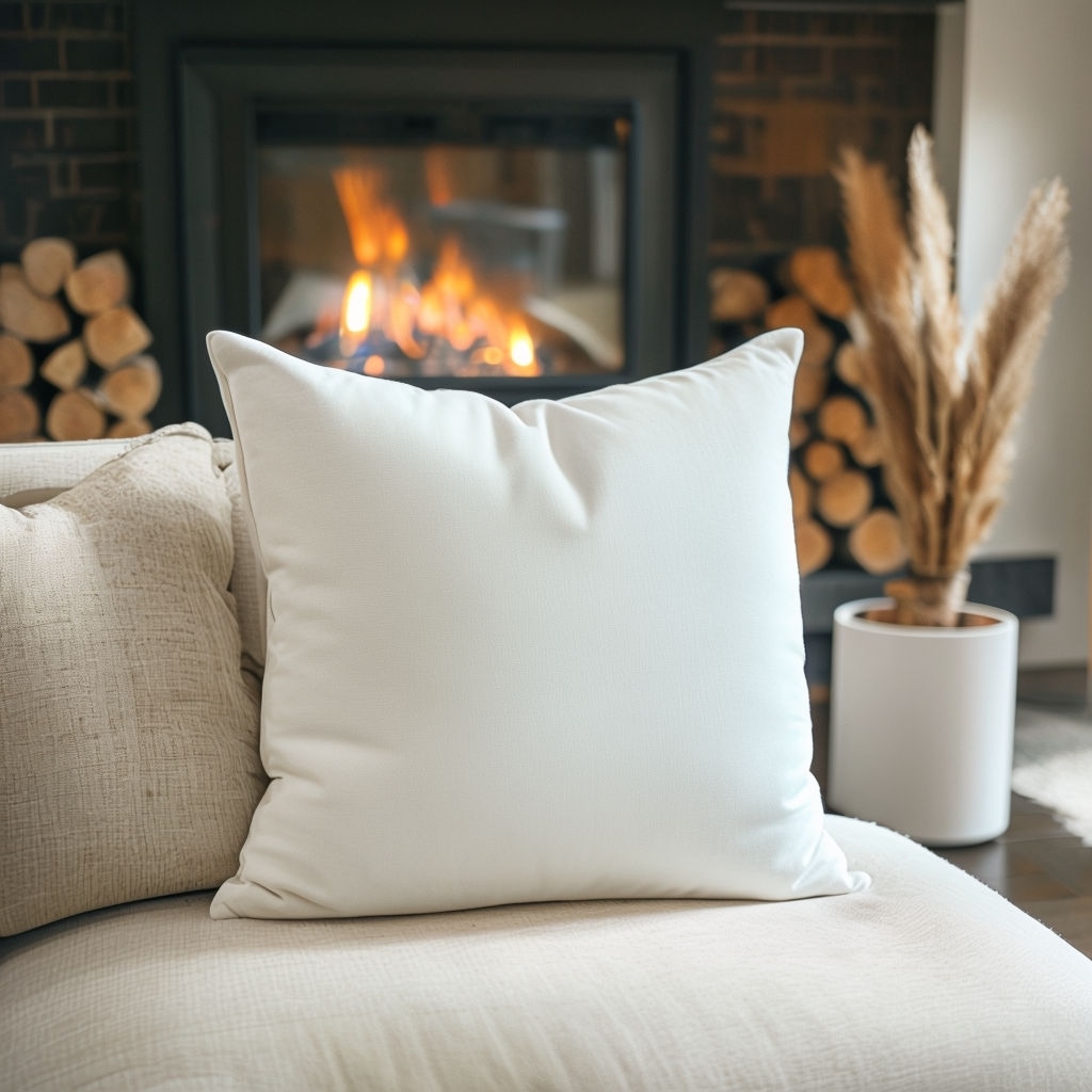 Cozy Indoor Scene White Throw Pillow and Fireplace Mockup