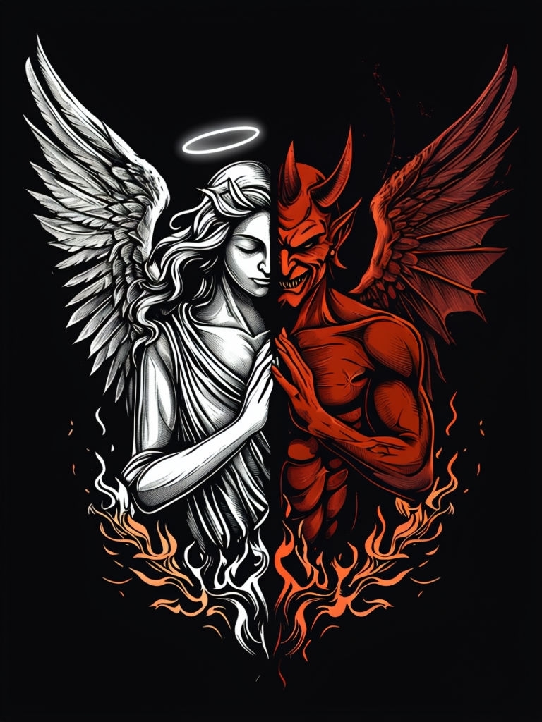 Angel and Devil Duality Illustration T-Shirt