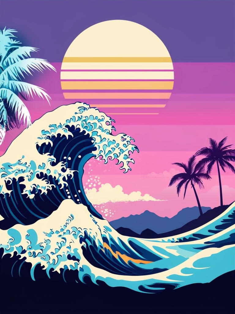 Retro Ocean Wave with Sun and Palm Trees T-Shirt
