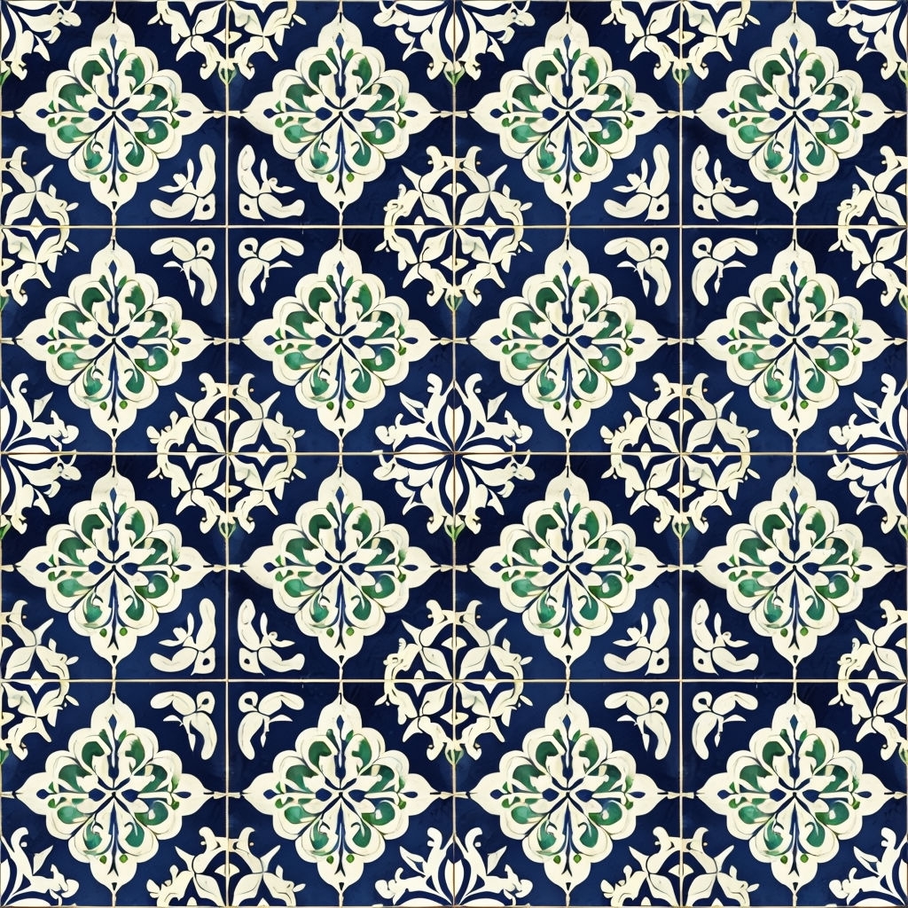 Intricate Navy Blue and Green Floral Diamond Pattern Seamless Pattern