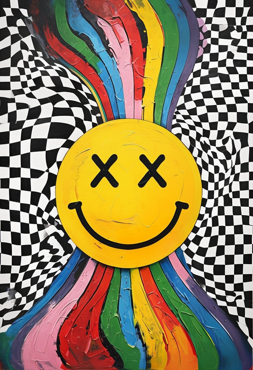 Vibrant Smiley Face Pop Art with Psychedelic Background Poster