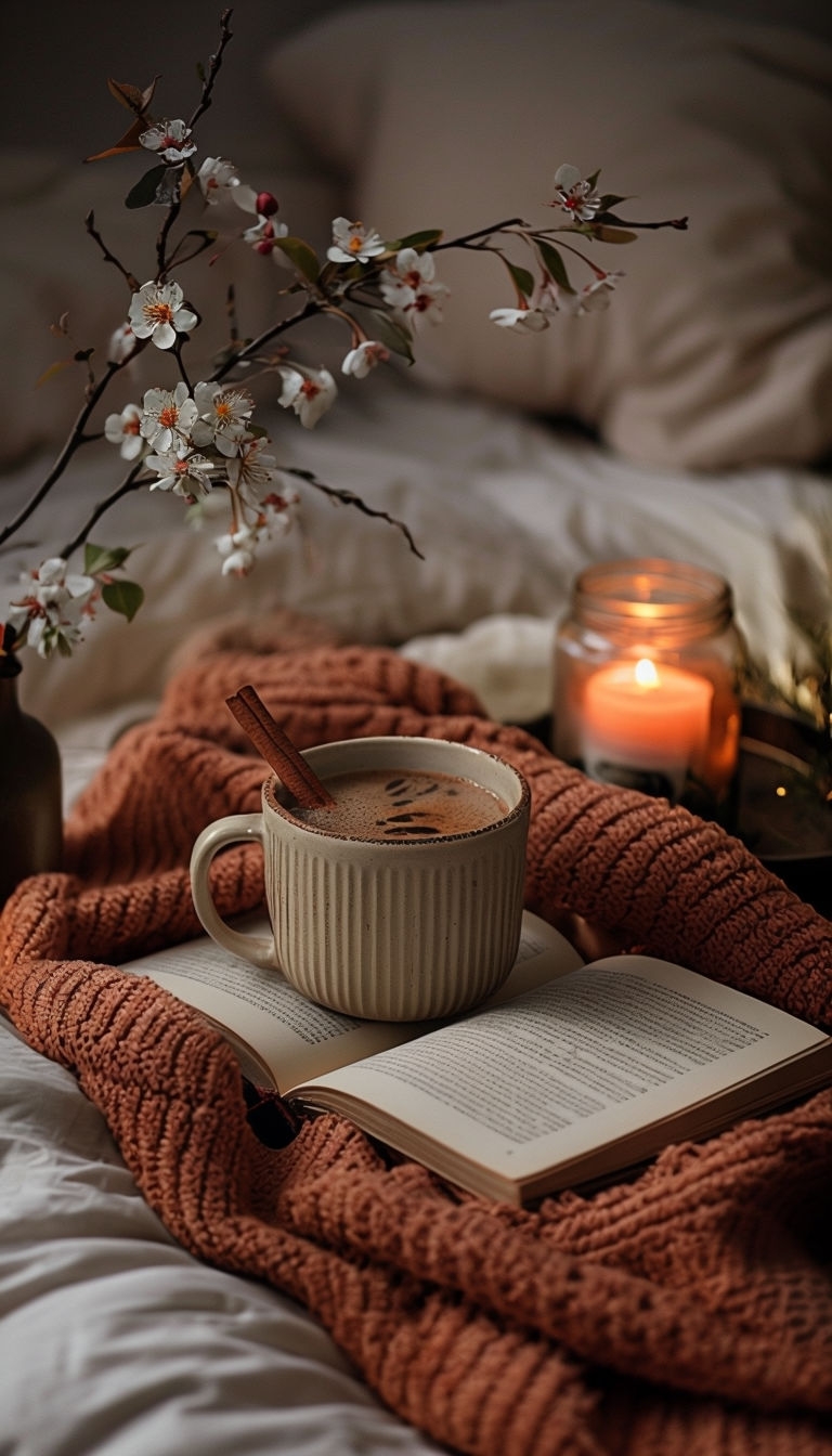 Cozy Coffee and Book Scene for Serene Atmosphere Poster