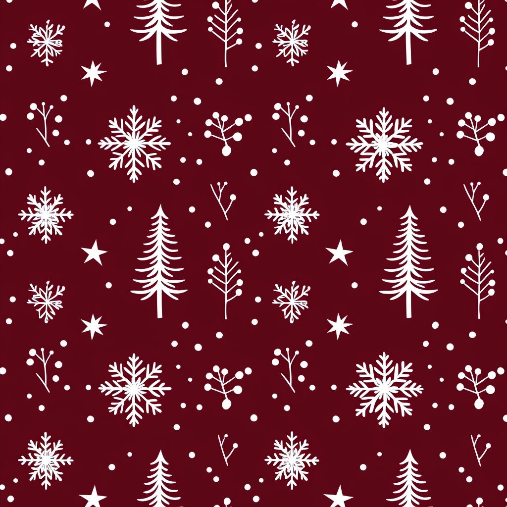 Festive White Winter Elements on Dark Burgundy Seamless Pattern